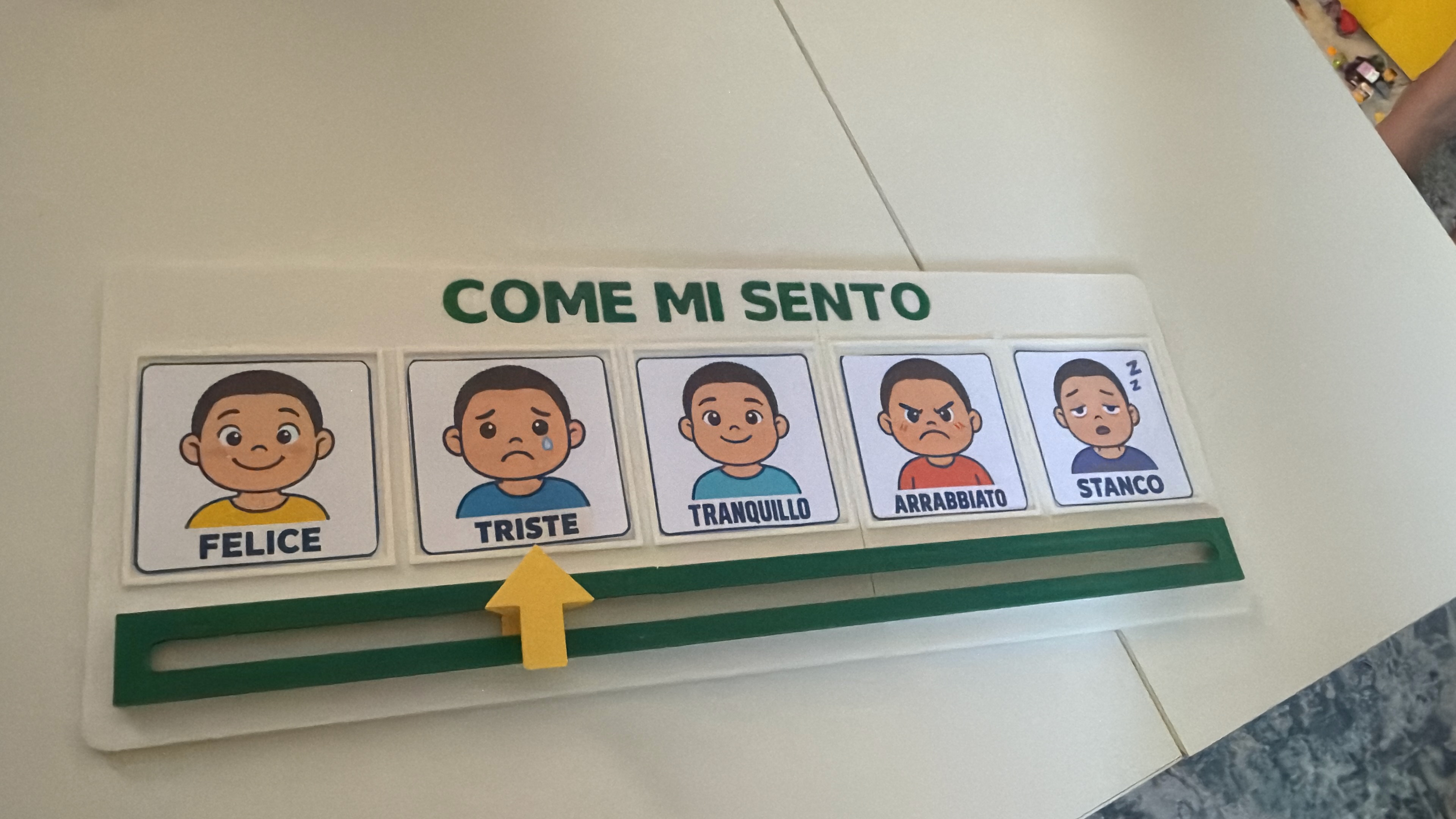 Tabella Come mi sento stampata e assemblata: base bianca, titolo e guida verdi, freccia gialla e cinque tessere delle emozioni.